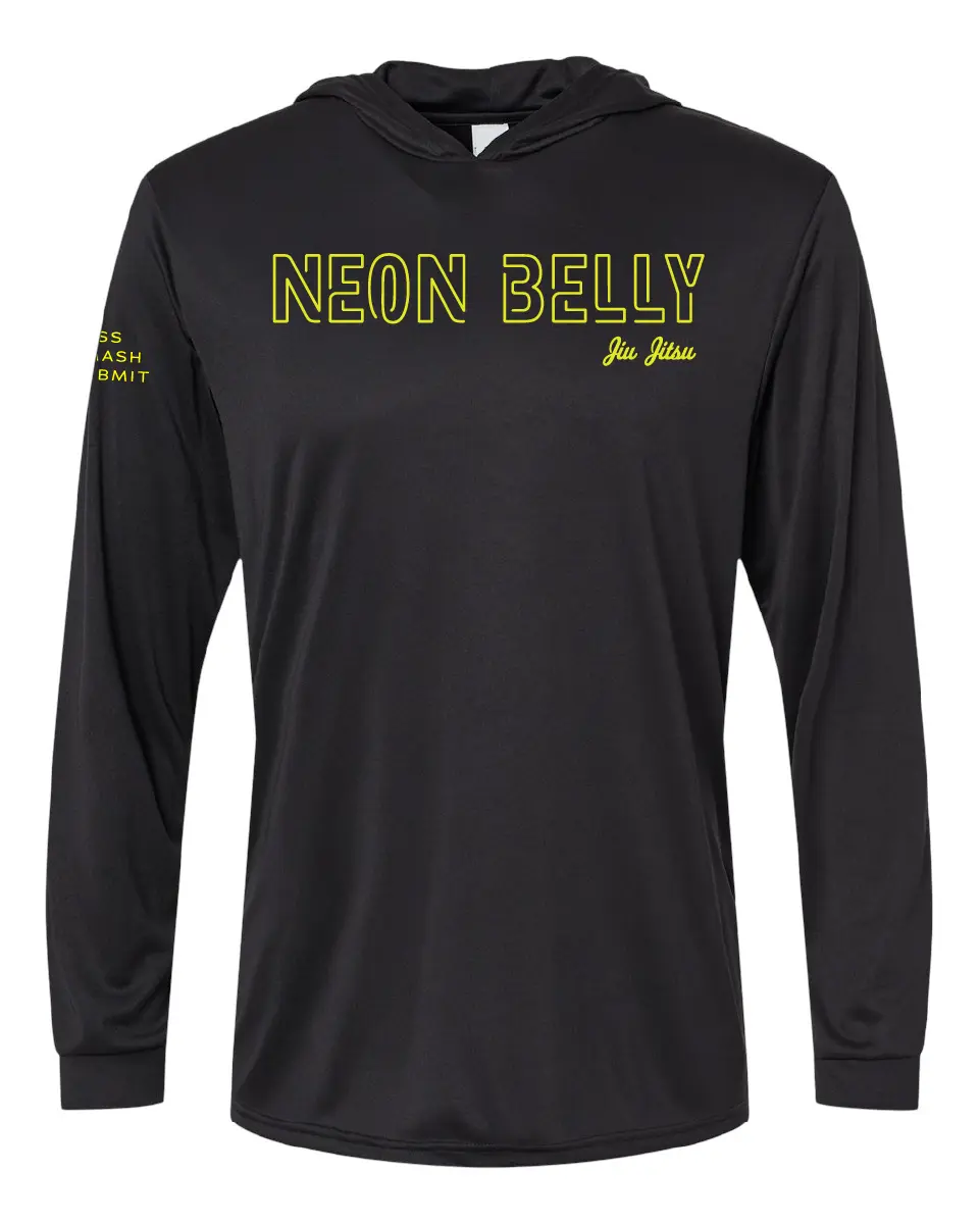 NEON BELLY - Humorous BJJ Long Sleeve Hooded Shirt, Moisture Wicking & UPF 50+ Protection 