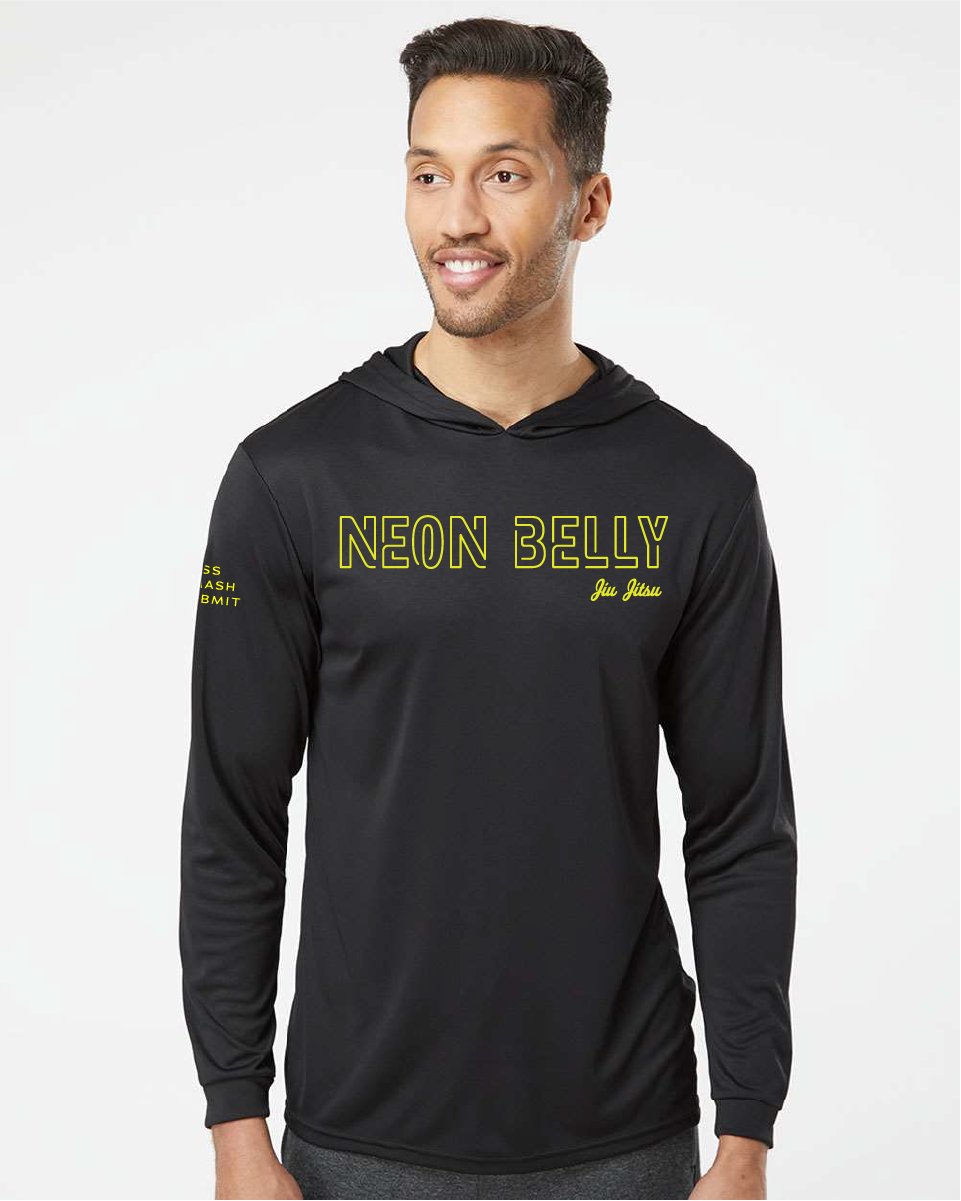 NEON BELLY - Humorous BJJ Long Sleeve Hooded Shirt, Moisture Wicking & UPF 50+ Protection 