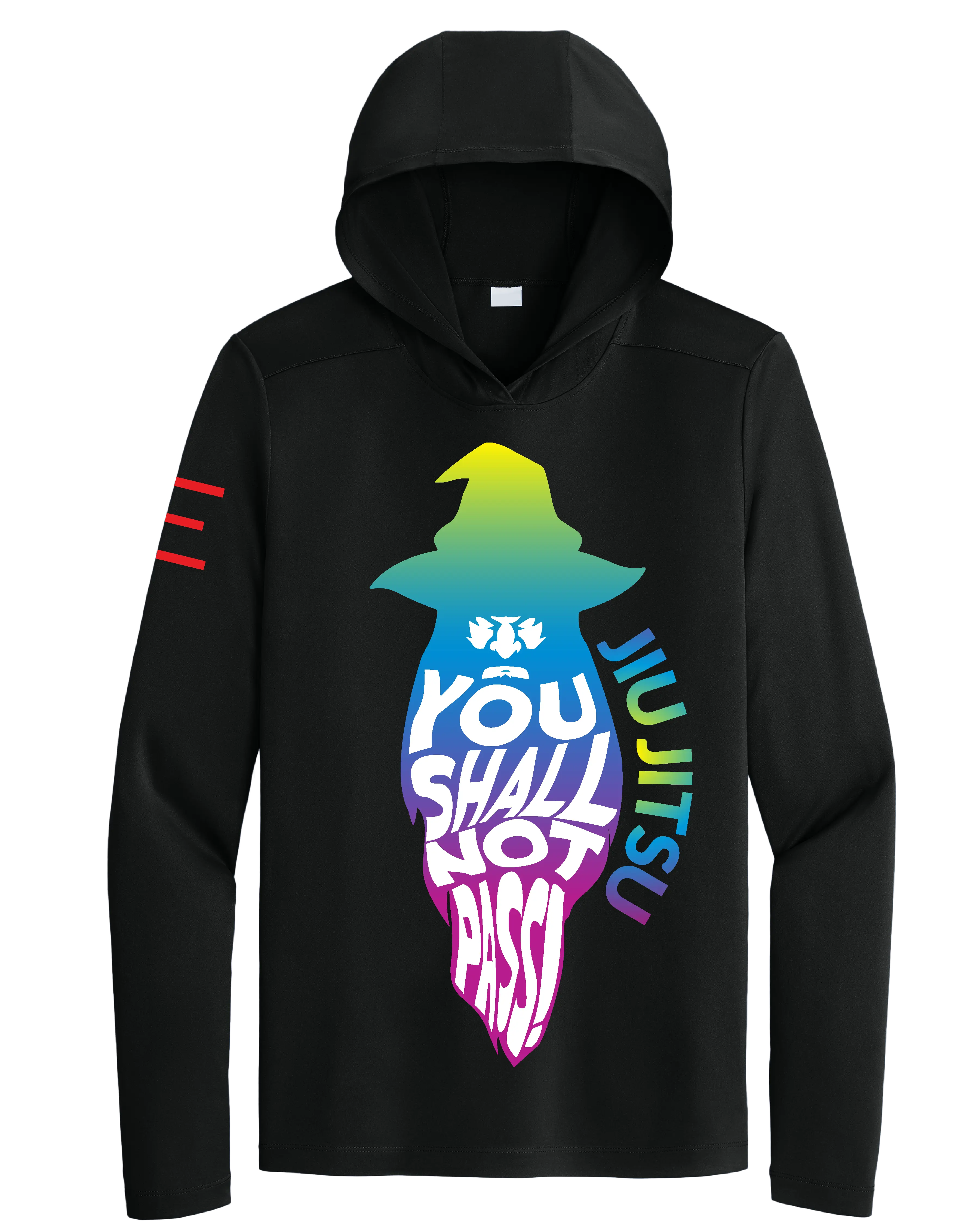 "You Shall Not Pass!" TRIPPY Gradient Wizard Jiu-Jitsu Long Sleeve Hooded Shirt, Moisture Wicking & UPF 50+ Protection - 3Three Apparel LLC.