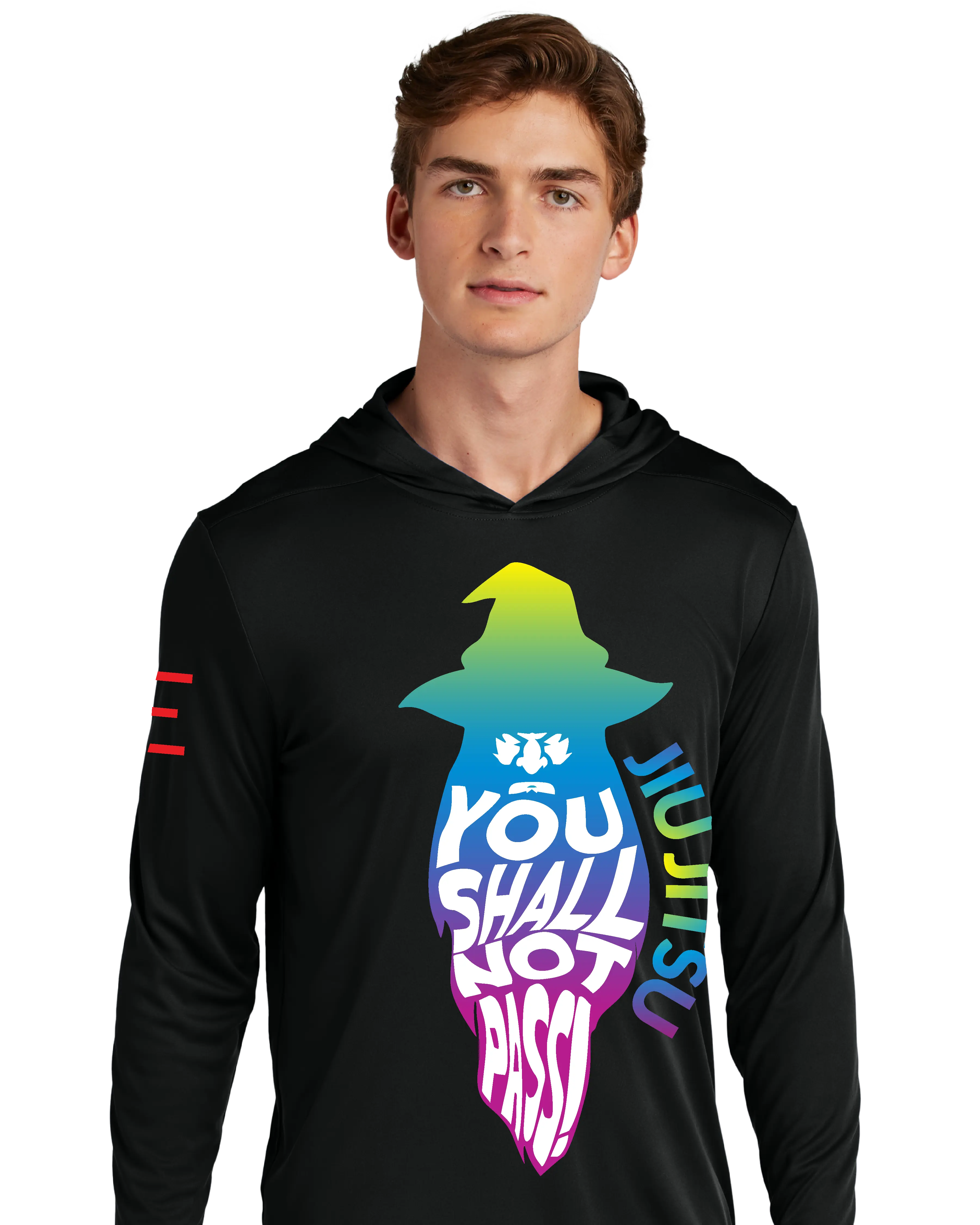 "You Shall Not Pass!" TRIPPY Gradient Wizard Jiu-Jitsu Long Sleeve Hooded Shirt, Moisture Wicking & UPF 50+ Protection - 3Three Apparel LLC.