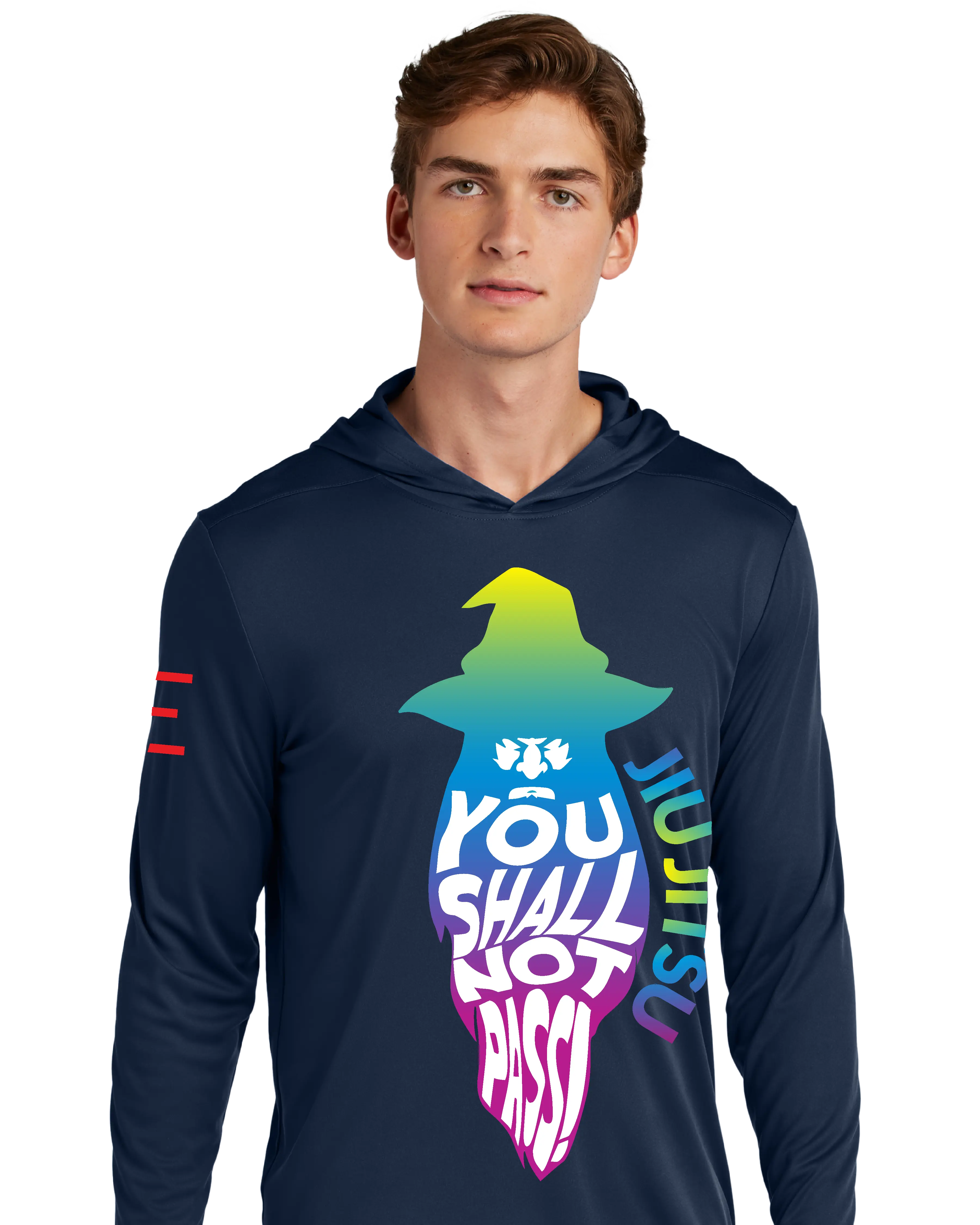 "You Shall Not Pass!" TRIPPY Gradient Wizard Jiu-Jitsu Long Sleeve Hooded Shirt, Moisture Wicking & UPF 50+ Protection - 3Three Apparel LLC.