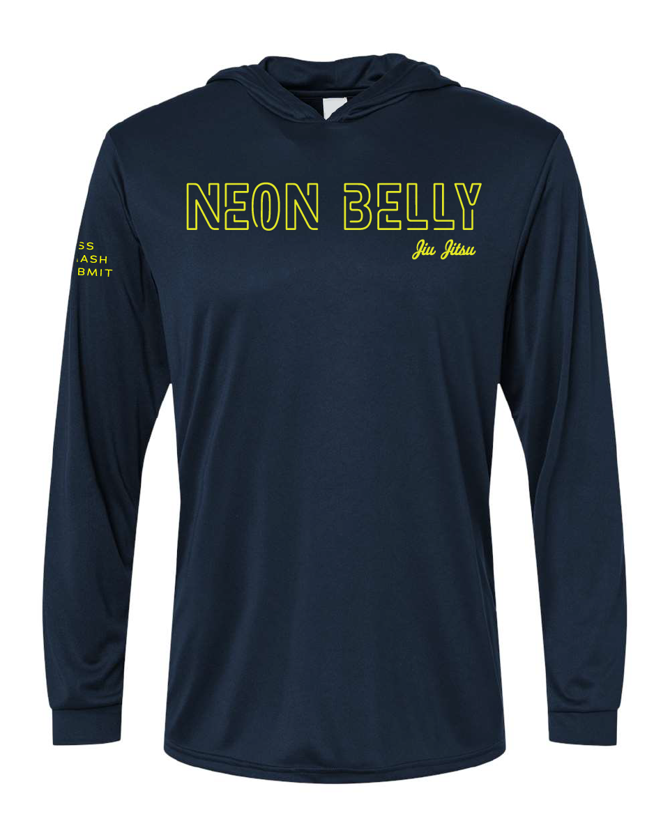 NEON BELLY - Humorous BJJ Long Sleeve Hooded Shirt, Moisture Wicking & UPF 50+ Protection 