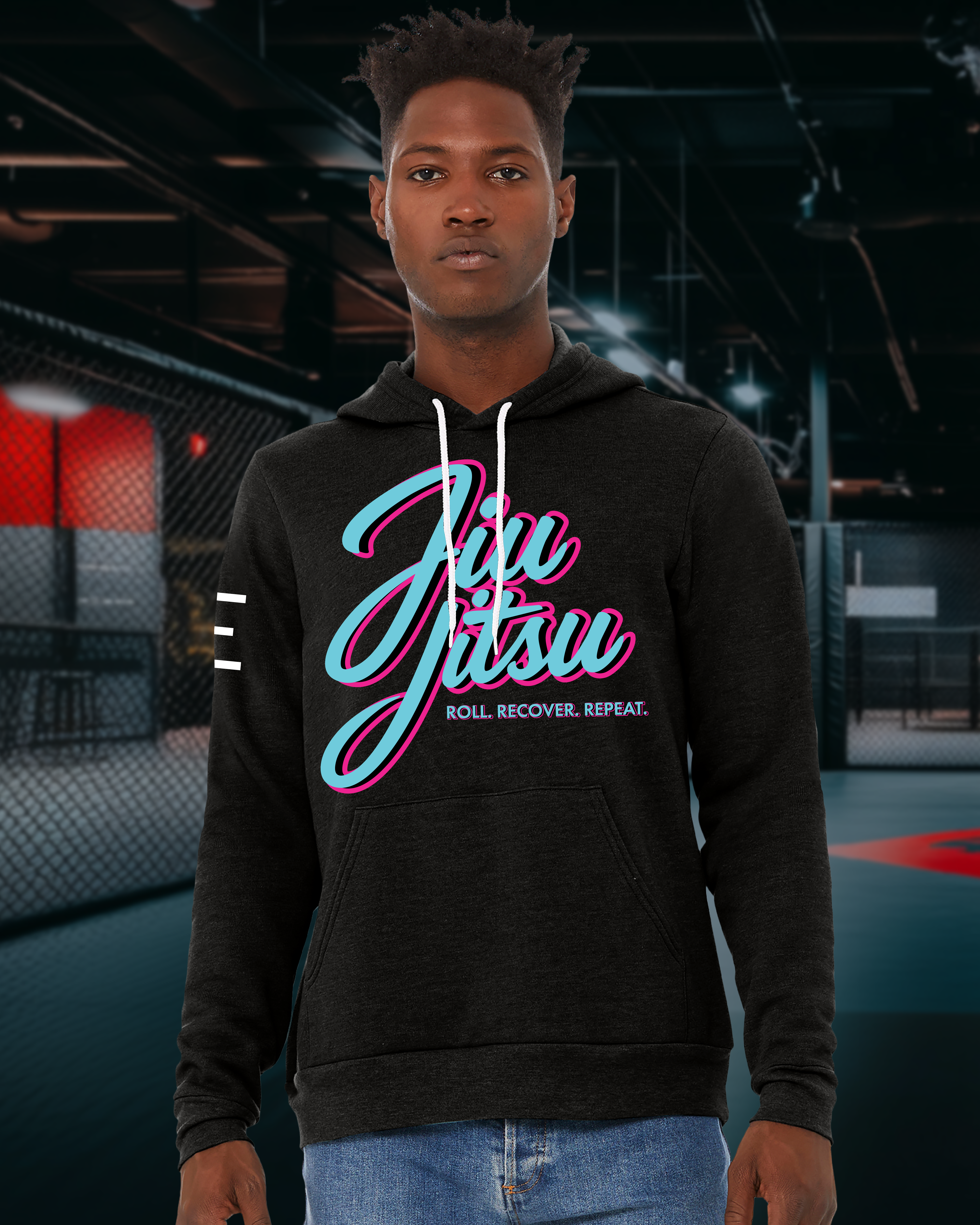Roll. Recover. Repeat Jiu-Jitsu Fleece Hoodie – Retro 80s Miami Style BJJ 