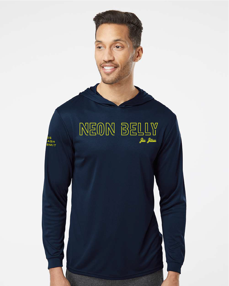 NEON BELLY - Humorous BJJ Long Sleeve Hooded Shirt, Moisture Wicking & UPF 50+ Protection 