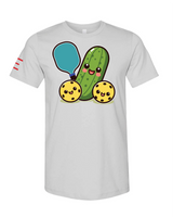 Cute Pickle Holding a Paddle Pickleball T-Shirt - Fun and Playful Design