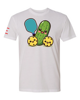 Cute Pickle Holding a Paddle Pickleball T-Shirt - Fun and Playful Design